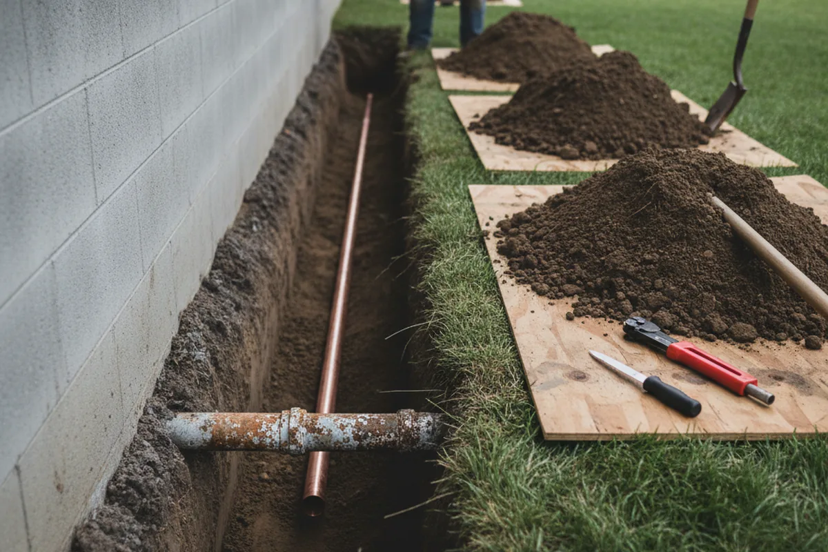 Excavated water line trench during Water Heater Repair in Broadway